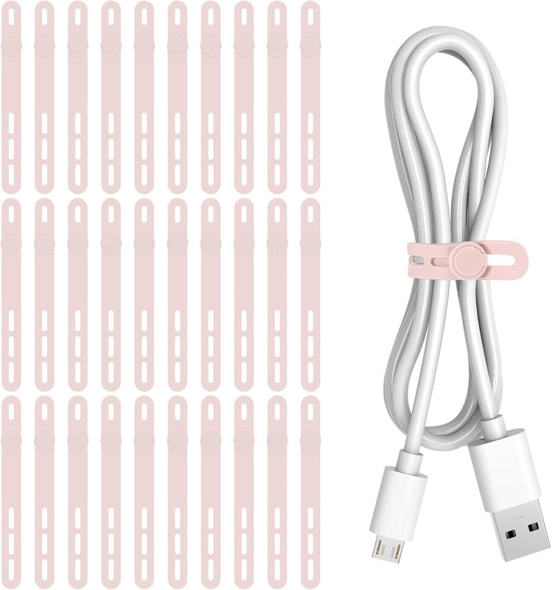 Donruby 30Pcs Silicone Cable Ties - Reusable & Washable with Adjustable Locking Buckles, High Elasticity Cable Management Straps for Home, Office, School, Travel Essential Cord Organizer (Pink) - Image 1
